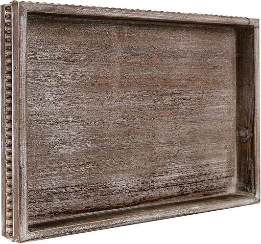 MAONAME Wood Serving Tray, Farmhouse Wooden Tray for Coffee Table, Rustic Rectangle Trays with Beads, Vintage Brown Decorative Trays for Living Room, Kitchen, 15.7" X 11.8" X 1.57"