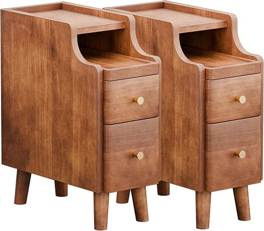 Narrow Nightstand Set of 2, 19.7" H Pre-Assembled Solid Wood Small Skinny Night Stand with Drawers, Open Sliding Shelf, Mid Century Modern Slim Bedside Table for Bedroom, Sofa End Side Table, Walnut