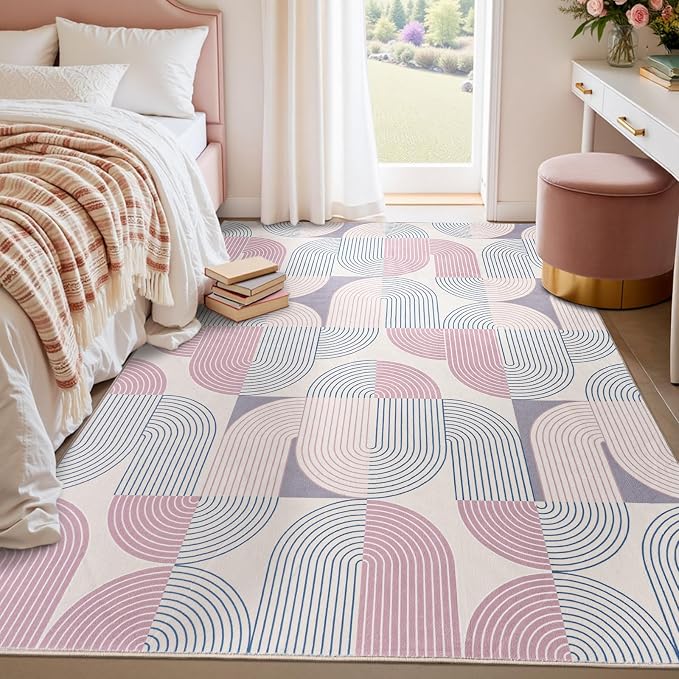 Living Room Rugs 5x7, Soft Modern Geometric Pink Rug for Bedroom, Washable Non-Slip Indoor Floor Boho Abstract Carpet for Dining Room Nursery Home, Pink/Purple