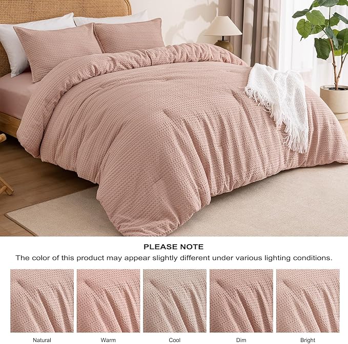 PHF Soft Waffle Comforter Set Queen Size- Comfy Breathable Waffle Weave Comforter with 2 Pillow Shams, 3 Pieces Less Snagging Lightweight Textured Bedding Set for All Season, Rose Pink
