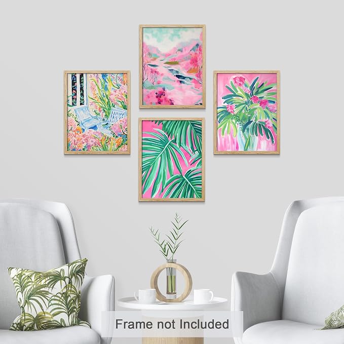 SIGNWIN Adhesive Canvas Poster Tropical and Floral Bright Botanical Preppy Room Decor Pink Decor Digital Art Modern Art Decorative Multicolor Scenic for Bedroom - 12"x16"x4