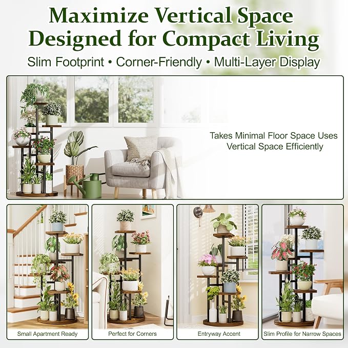 5 Tier Wood Plant Stand Indoor Outdoor, Wood Tall Plant Rack, Heavy Duty Wrought Iron Flower Pot Stand, Planter Display Rack for Living Room Balcony Garden Patio - BlackSquare