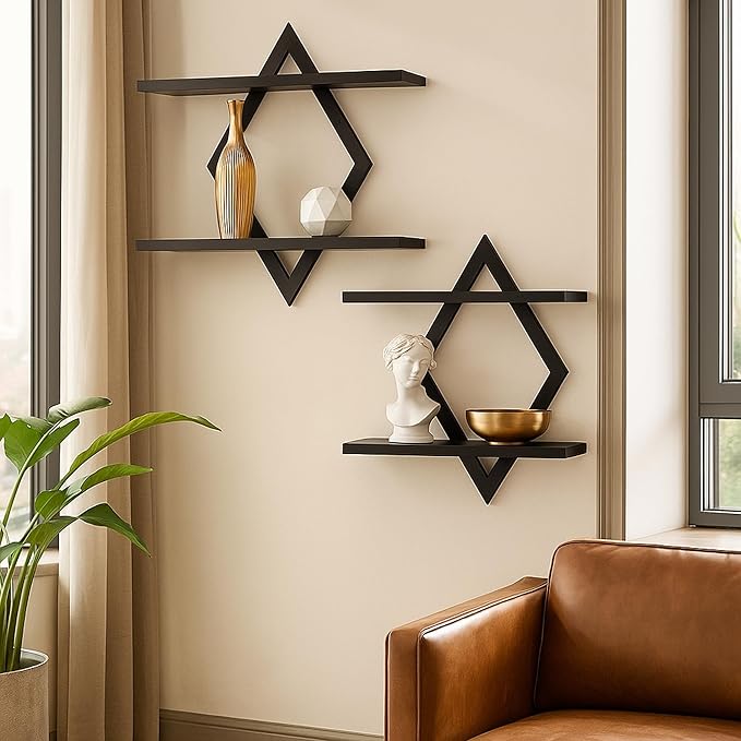 Floating Shelves for Wall,Decorative Wall Shelf,2 Tier Hanging Shelf for Plants Storage Display Holder,Indoor Decor for Living Room Home Office Bathroom Bedroom,Solid Wood,Diamond Shaped,2 Pack,Black