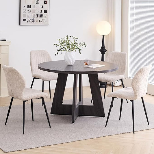 47" Round Dining Table Set for 4 with Chairs Kitchen Table and Chairs Set Mid-Century Modern Chair with Metal Leg for Apartment Living Room(Dark Gray Table with 4 Beige Chairs)