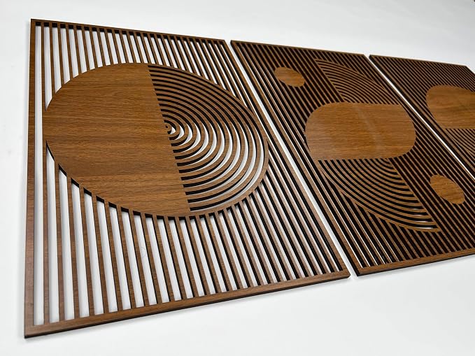 Abstract Boho Wood Wall Art, Bauhaus Inspired Geometric Design, Mid Century Modern Wall Decor, 3 Panel Wooden Set, Statement Home Gift for Living Room and Bedroom