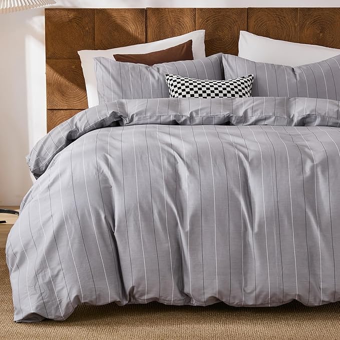 Merryword 100% Cotton Stripe Duvet Cover Set Queen Size - Gray Striped Duvet Cover Set with Zipper Closure & 8 Corner Ties, Modern Minimalist Wide Stripe Bedding Set for Cozy Elegant Bedroom