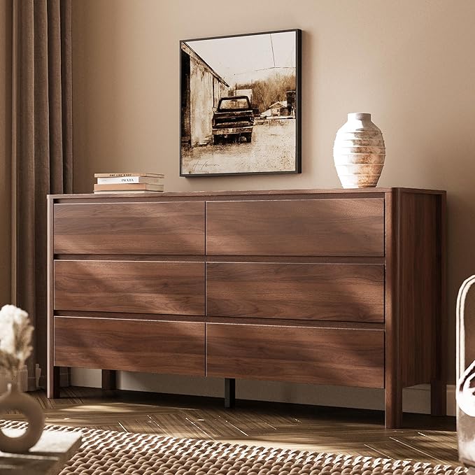 Walnut Dresser for Bedroom, 55.1" Wide Dresser with 6 Drawers and Hidden Handles, Modern Wood Chest of Drawers for Clothes and Accessories, Stylish Storage Cabinet for Living Room, Entryway