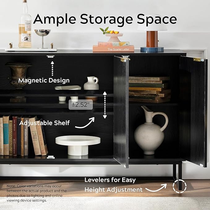 Fluted Storage Cabinet with 3 Doors, Sideboard Buffet Cabinets Adjustable Shelves, Credenza Console Table Cabinets for Living Room, Black