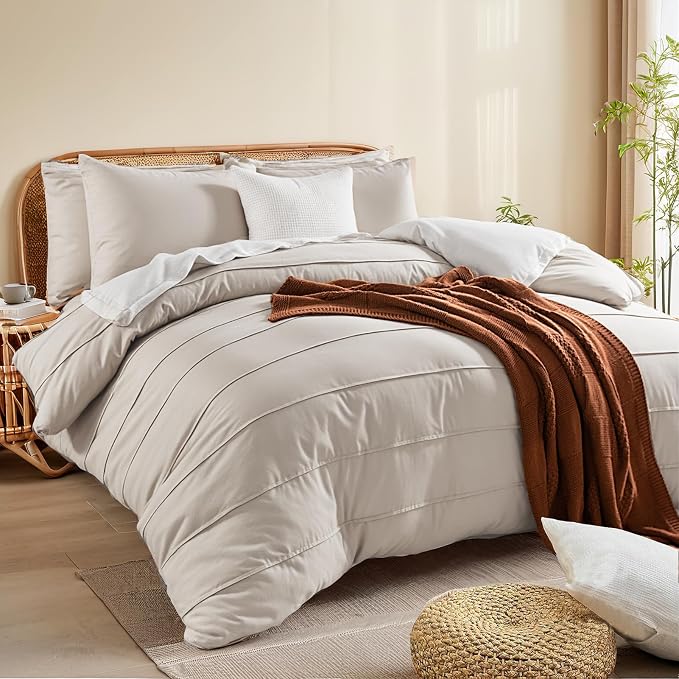 NEXHOME PRO 100% Organic Cotton Duvet Cover Oversized King Size, Linen Like Pleated Textured Tannish Linen Grey Duvet Cover Set, 3pc Bedding Set with Zipper Closure, Soft,120"x98", No Comforter