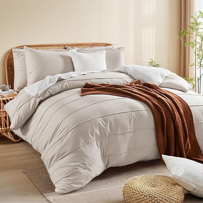 NEXHOME PRO 100% Organic Cotton Duvet Cover King Size, Linen Like Pleated Textured Tannish Linen Grey Duvet Cover Set, 3pc Bedding Set with Zipper Closure, Soft,Breathable,104"x90", No Comforter