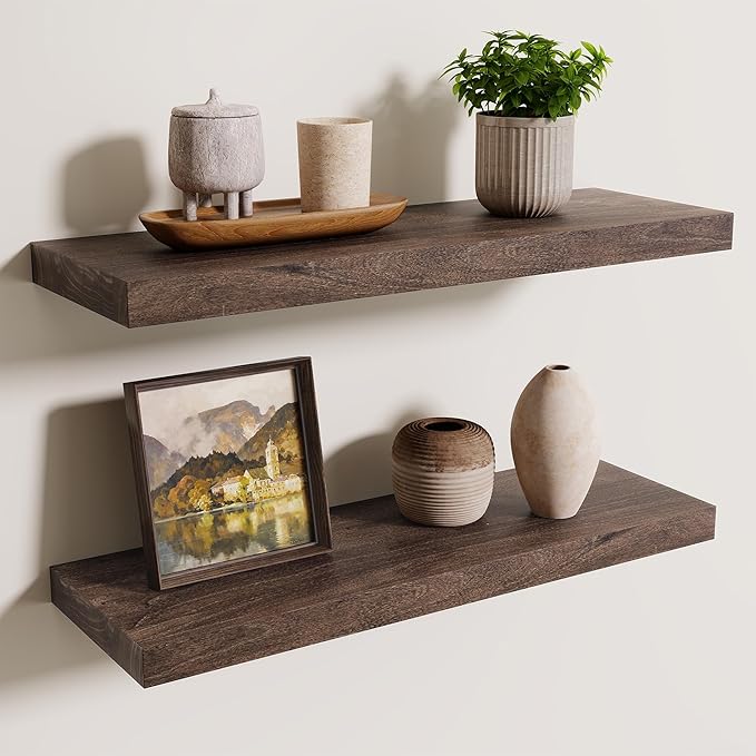 Axeman Floating Shelves for Wall, 24''W x 8'' D Rustic Solid Elm Wood Shelves for Storage, Wall Mounted Display Shelving with Invisible Heavy-Duty Metal Bracket (Walnut, 2PCs)
