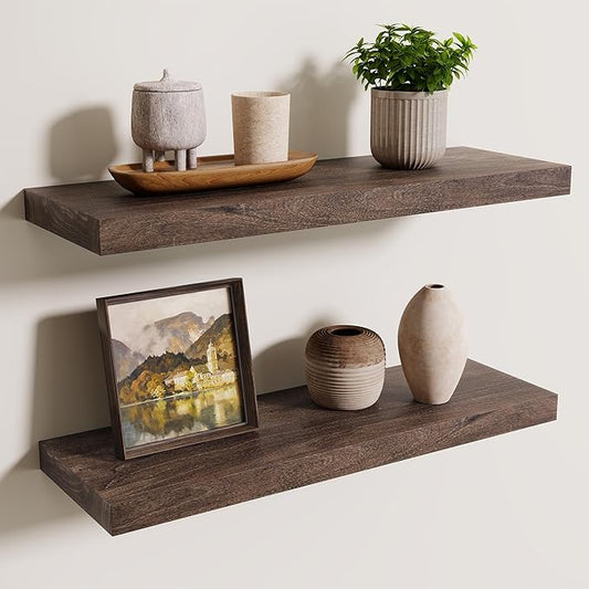 Axeman Floating Shelves for Wall, 24''W x 8'' D Rustic Solid Elm Wood Shelves for Storage, Wall Mounted Display Shelving with Invisible Heavy-Duty Metal Bracket (Walnut, 2PCs)
