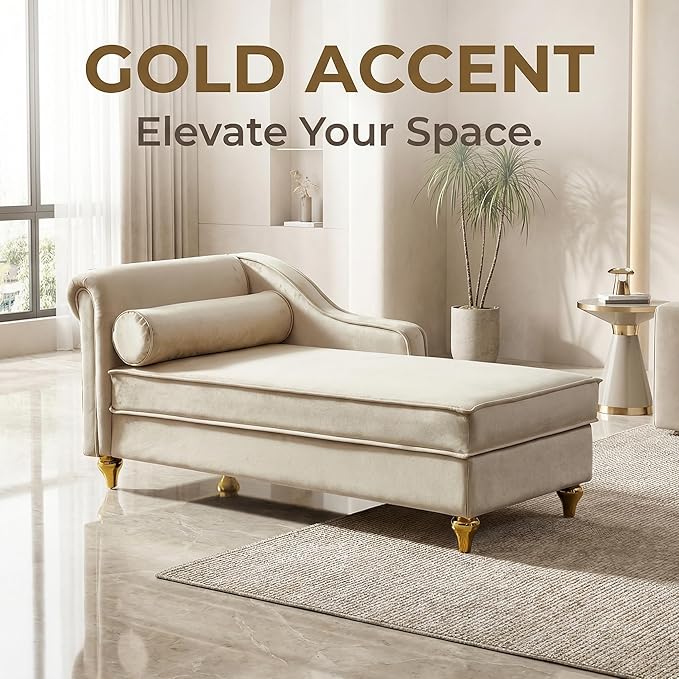 60.6''Velvet Chaise Lounge Indoor, Modern Velvet Lounge Chair with Left Armrest & Lumbar Pillow,Button Tufted Lounge Sofa with Storage for Bedroom, Living Room and Office，Beige