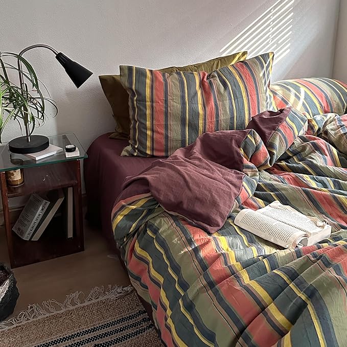 mixinni Vintage Striped Duvet Cover Set Twin Size - 3 Piece 100% Washed Cotton Bedding Set, Soft & Breathable, Colorful Striped Pattern Printed Comforter Cover for All Seasons