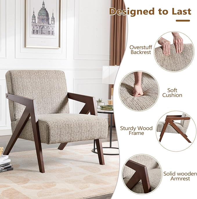 Bonzy Home Mid-Century Modern Accent Chair Set of 2 with Wood Frame, Upholstered Armchair for Bedroom & Living Room, Linen Fabric Cushion, Z-Shaped Armrest Design, Sturdy Lounge Chair