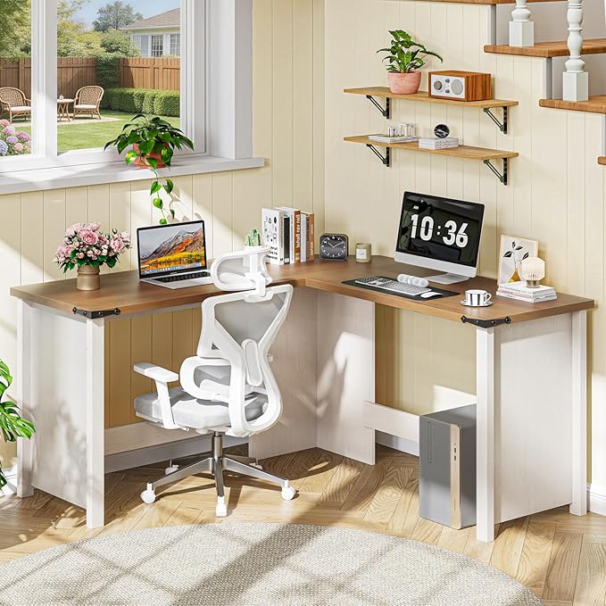 Vabches Farmhouse 50.39" L Shaped Executive Desk, Wood Corner Computer Desk for Home Office Work and Study, Sturdy Writing Workstation, Unique White