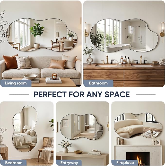Irregular Wall Mirror, 30"x60" Asymmetrical Mirror with Metal Frame, Modern Unique Decorative Mirrors for Bathroom, Wall Decor, Entryway, Living Room, Black