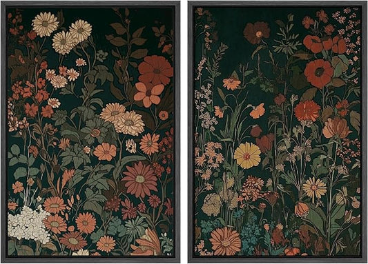 IDEA4WALL Framed Canvas Print Wall Art Set Vintage Wildflower Botanical Dark Green Floral Illustrations Modern Art Decorative Bohemian Calm/Zen for Living Room, Bedroom, Office - 16"x24"x2 Black