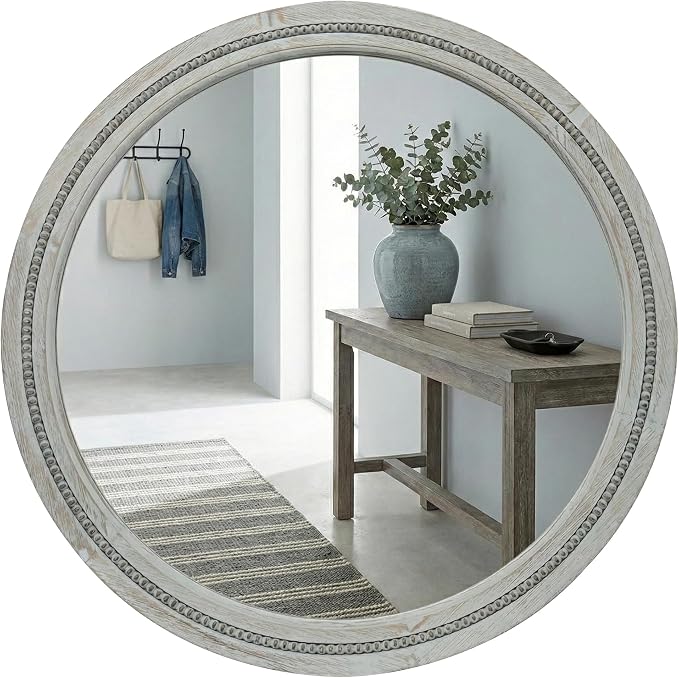 30 Inch Round Farmhouse Mirror for Bathroom Vanity, Distressed Grey Solid Wood Wall Mirror - Rustic Weathered Gray Beaded Circle Mirror for Industrial Decor