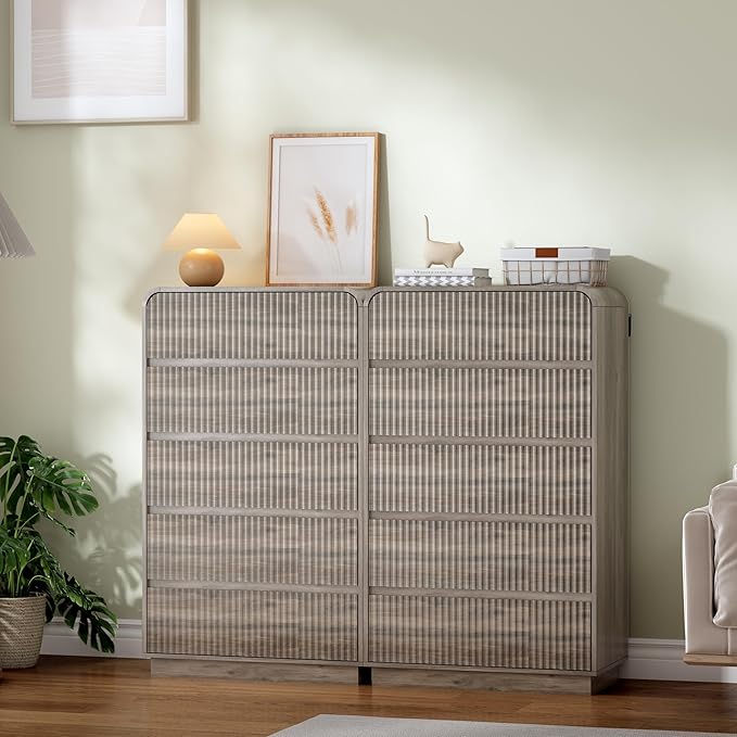 Grey Dresser Fluted Tall 5 Drawer Dresser for Bedroom, Wood Chest of Drawers with Hidden Handles & Rounded Corners, Modern Storage Cabinet and Organizer Drawers for Living Room, Hallway, Gray