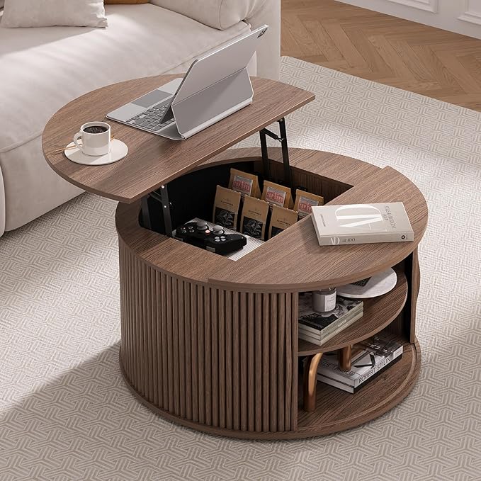 31.5" Round Lift Top Coffee Table with Hidden Storage, Mid Century Modern Walnut Drum Coffee Table for Living Room, Wood Fluted Design Center Table for Small Apartment & WFH