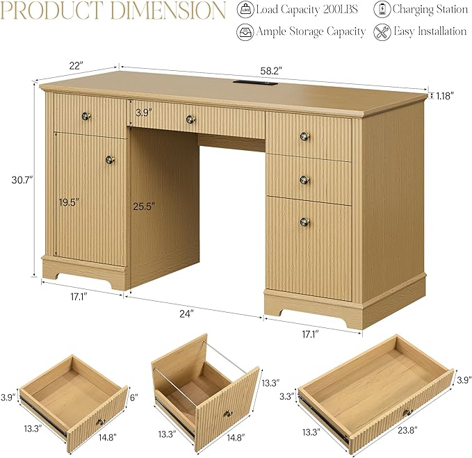 59" Modern Executive Desk with Drawers, Wood Home Office Computer Desk with Charging Station, 5 Drawers & 1 Cabinet, File Drawer, Fluted Computer Writing Desk for Study, Living Room, Bedroom, Oak