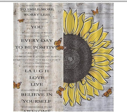 Inspirational Quotes Sunflowers Butterfly Shower Curtain,Vintage Old Newspaper Board Background Sunflower Animals Waterproof Shower Curtains for Bathroom Decor 12 Pack Hooks 66x72in（168x183cm）
