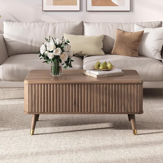 Lift Top Coffee Table with Storage, Mid Century Modern Rectangular Center Table, Fluted Design with Hidden Compartment, Rising Desk for Work from Home, Living Room Furniture, Walnut Finish