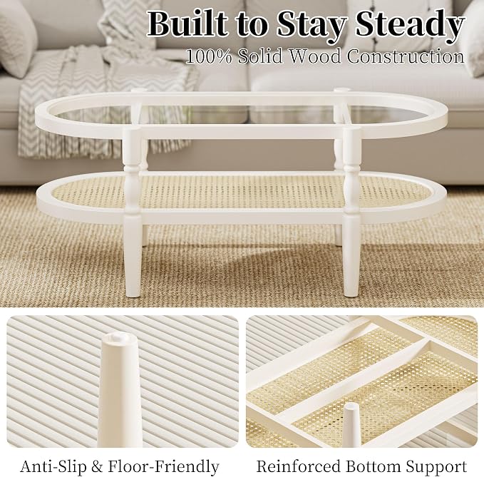 Rattan Coffee Table, Oval Cocktail Table with Glass Top and Solid Wood Frame, Boho Indoor & Outdoor Coffee Table, White, 40 in