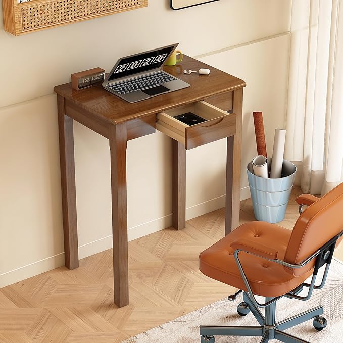 100% Solid Wood Desk with Drawers 24 x 16 Inch Mid Century Modern Desk Vintage Small Writing Wooden Desks for Small Spaces Bedroom, Living Room, Office