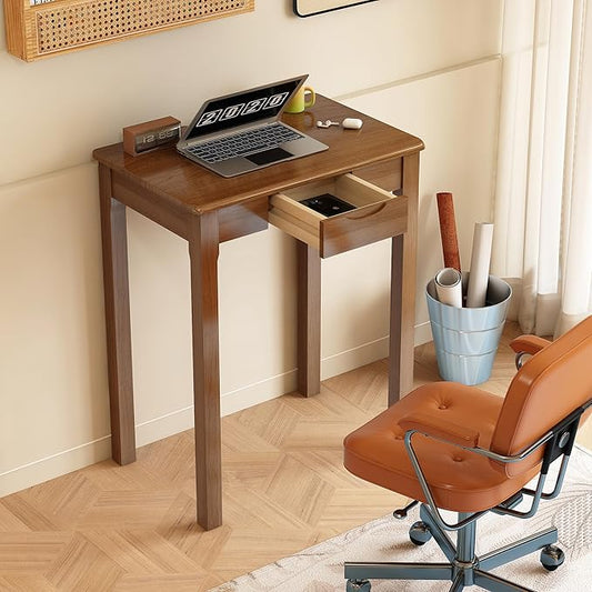 100% Solid Wood Desk with Drawers 24 x 16 Inch Mid Century Modern Desk Vintage Small Writing Wooden Desks for Small Spaces Bedroom, Living Room, Office