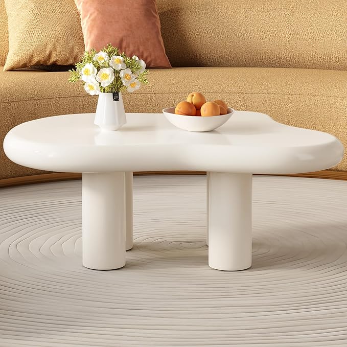 35.82" White Cloud Coffee Table, Modern Round Edge Coffee Table with 4 Sturdy Support Legs and 2.67" Thick Tabletop,Easy Match for Living Room, Bedroom, Balcony, Patio