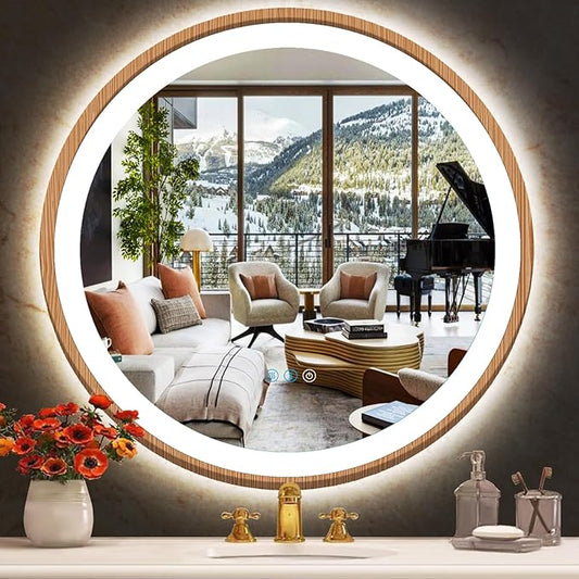 36 Inch Wood Frame LED Round Mirror with Lights 3 Color Dimmable Smart Memory Function AntiFog 36" Wood Framed Circle Round Lighted Vanity Mirror with Lights for Bathroom Wall Mounted