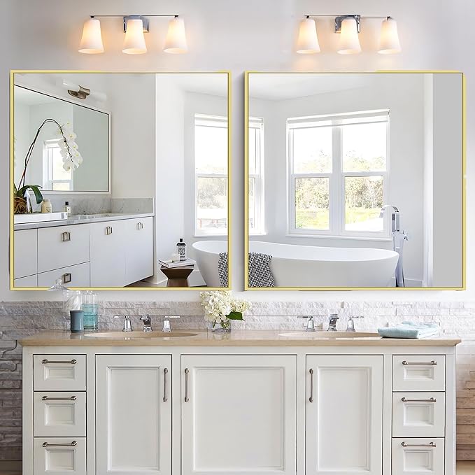 KOCUUY Gold Bathroom Mirror, 42"x42" Square Bathroom Mirror for Wall, HD Tempered Glass, Anti-Rust Frame, Modern Design for Bathroom, Bedroom, Living Room, Entryway