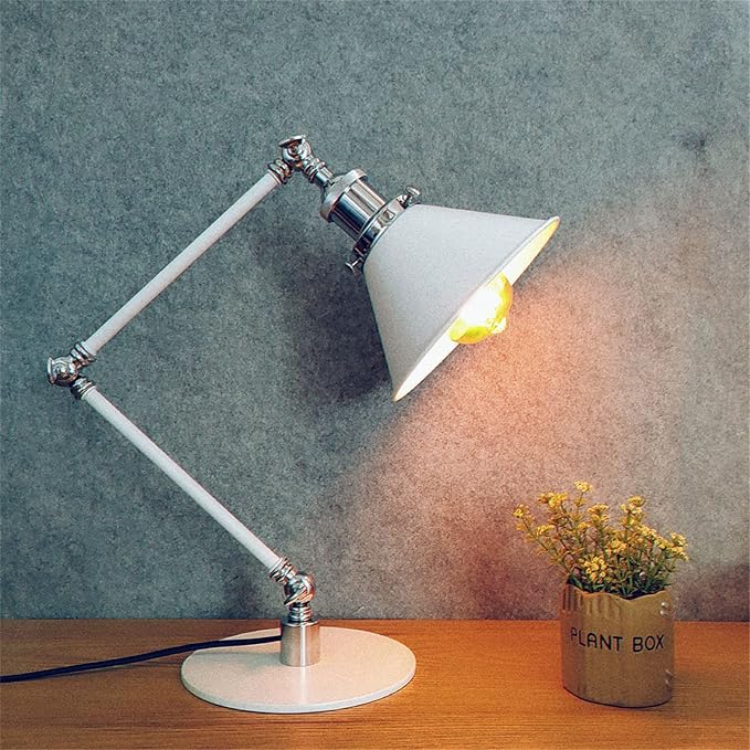 Makeup Vintage Desk Lamp, Industrial Metal Task Table Lamp with Adjustable Swing Arm, Bedroom Bedside Night Light Cafe Retro Reading Lighting,White