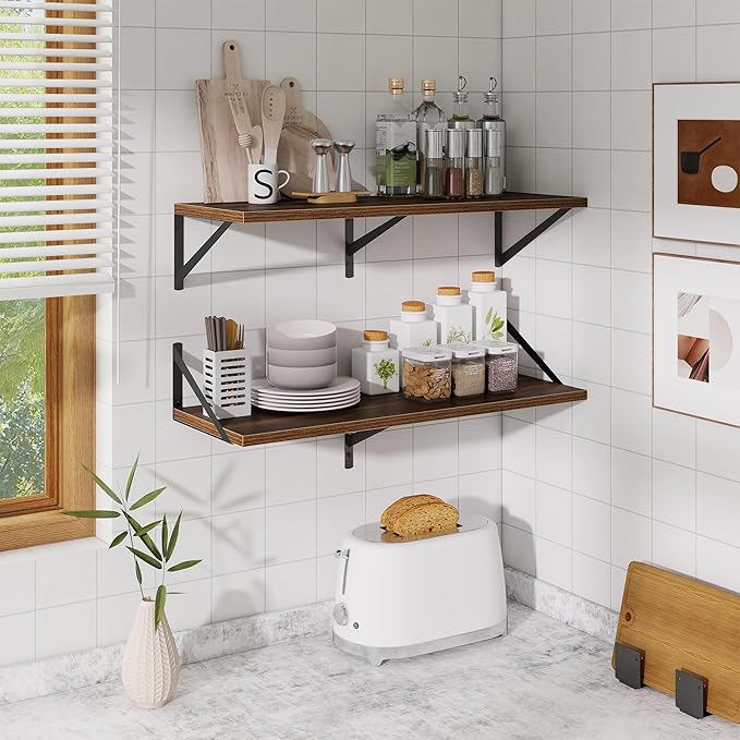 Floating Shelf for Wall,32" WX10 D Wood Floating Shelves with Sturdy Metal Bracket Set of 2,Wall Mounted Hanging Shelf for Bathroom,Bedroom,Kitchen,Walnut