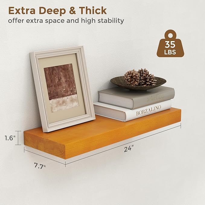 Marsmiles 24 Inch Wood Floating Shelves | Rustic Honey Oak Wall Shelves Set of 2 | 24" W x 7.7" D x 1.6" H Wooden Shelves for Bathroom Living Room Kitchen
