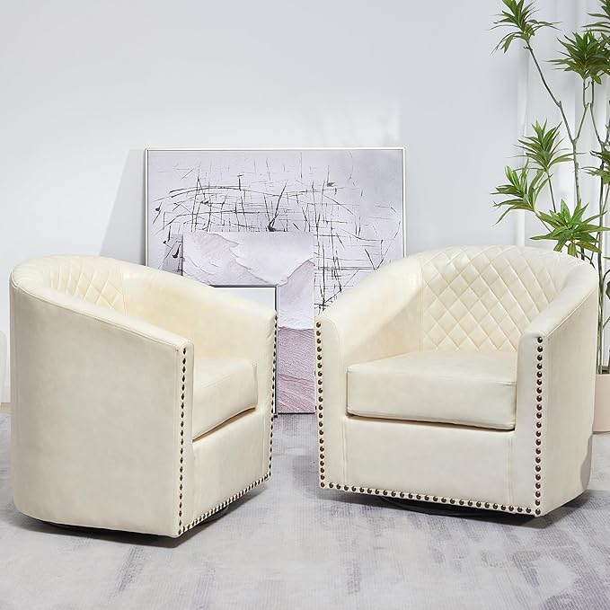 KINWELL 29" Wide Tufted Faux Leather Swivel Barrel Chair Set of 2, PU Leather Modern Upholstered Accent Chairs with Nailhead Trim, Small Armchair for Living Room Bedroom, Cream