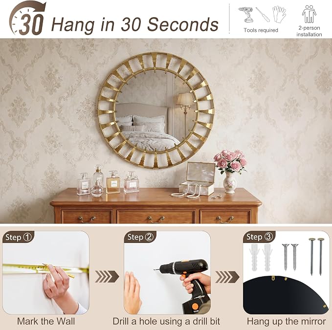Vintage Gold Round Decorative Wall Mirror 32" | Large Metal Frame, Mid Century Modern, Sunburst Design, For Bathroom, Bedroom, Living Room, Entryway