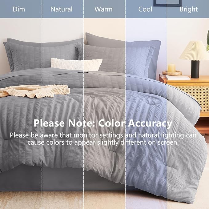 CozyLux King Size Comforter Set Grey, 7 Pieces Seersucker Textured Luxury Bed in a Bag Grey, All Seasons Soft Bedding Sets with Down Alternative Comforter, Sheets, Pillowcases & Shams, Home Gift