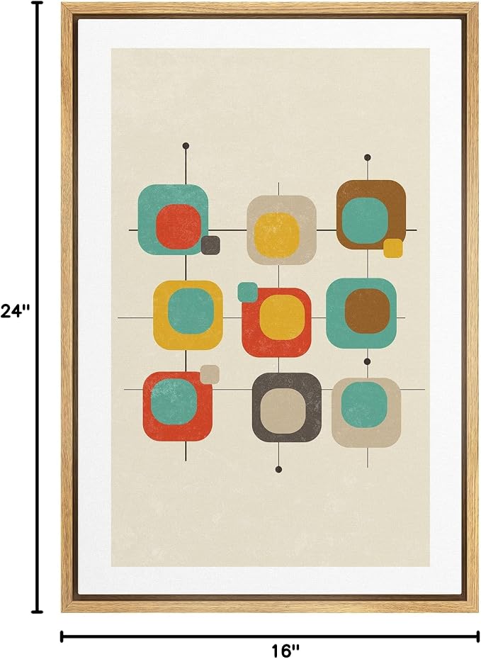 Woodrose Framed Canvas Print Wall Art Geometric 1960s Color Square Collage Abstract Shapes Illustrations Modern Minimalist Chic Multicolor for Living Room, Bedroom, Office - 16"x24" Natural