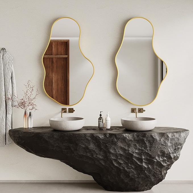 Irregular Wall Mirror - Gold Wall Mirrors Decorative 24"x 40" Wavy Asymmetrical Abstract Mirror Aviation Aluminum Alloy Frame Unique for Vanity, Entryway, Bathroom, Bedroom, Living Room, Cloakroom