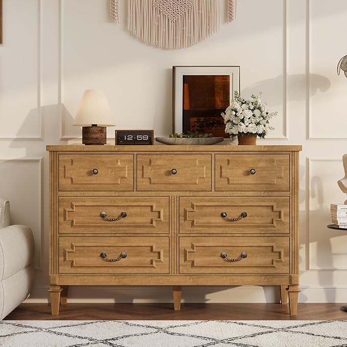 7 Drawer Dresser for Bedroom, 36" Tall Dresser & Chest of Drawers wtih Vintage Surface, Closet Storage Cabinet for Living Room, Hallway, Natural Oak