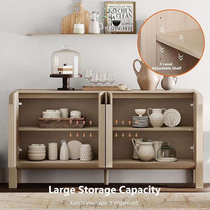 WAMPAT 126" W Large Buffet Sideboard Cabinet with Storages, Modern Buffet Table Coffee Bar Wine Bar Storage Curved Cabinet with 8 Doors for Dining Room, Living Room, Kitchen, Light Oak