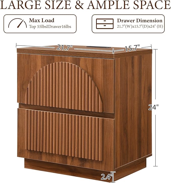 Nightstand with Drawers Set, 2-Drawer Arched Fluted Nightstand with Charging Station, Wooden Night Stand with Storage,Modern Furniture for Bedroom Organization,Walnut