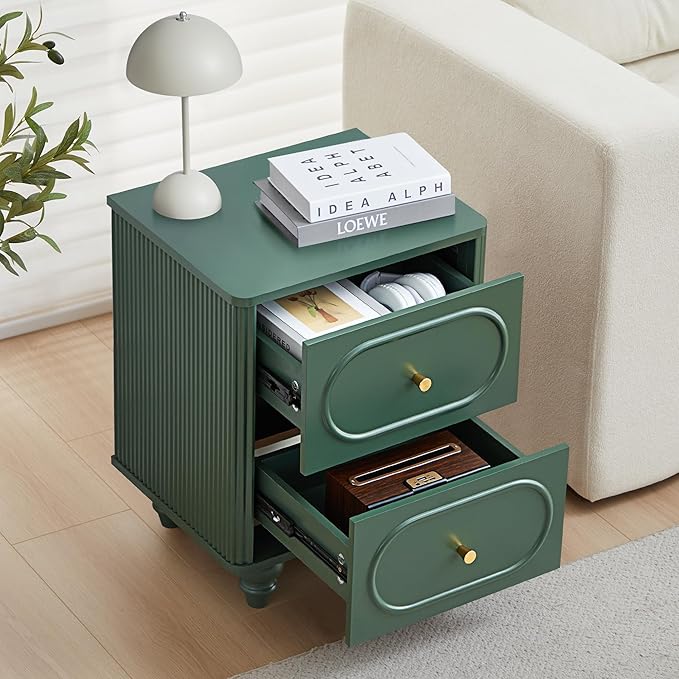 ORRD 2 Drawer Fluted Mini Small Dresser for Bedroom Set of 2, Mid Century Modern Nightstand Bedside End Table, Wood Storage Dresser Organizer for Bedroom, Green