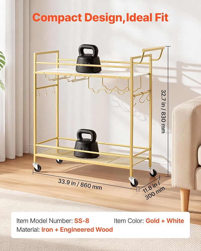 VEVOR Bar Cart, 2 Tiers Home Kitchen Serving Carts, Modern Rolling Utility Station on Wheel, Mobile Drink Beverage Trolley with Wooden & Mesh Shelf, Wine Rack, Glass Holder, 33.86x11.81x32.68 in, Gold