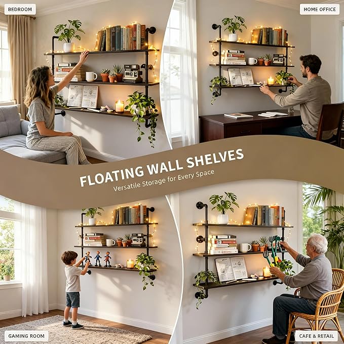 HDDFER Industrial Pipe Shelving Rustic Black Wall Shelves with Wood Planks Industrial Floating Shelves 48 Inch 3 Tier Farmhouse Bookshelf Pipe Shelves Wall Mounted,Open Shelving For living room/office