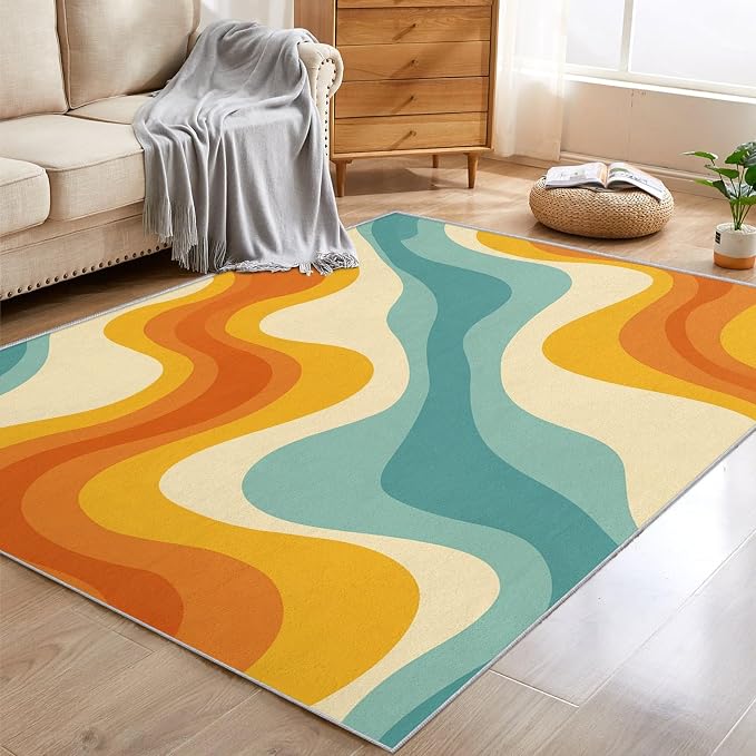 Retro Wavy Rugs for Home Decor, 5x6 ft, Abstract Waves Area Rugs for Living Room, Soft Non Slip Washable 70s Groovy Carpet Bedroom Decorations Dt-Ghf-69