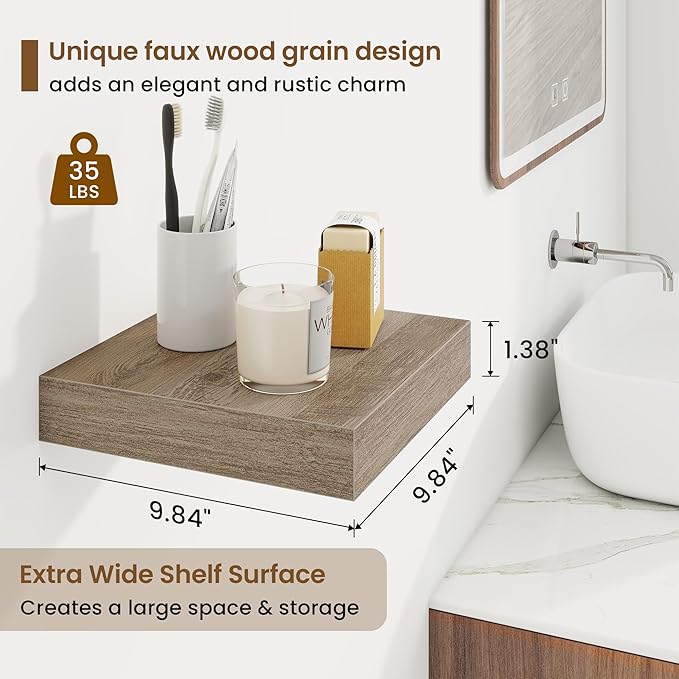 Marsmiles Square Floating Shelves for Wall, 10" W x 10" D x 1.25" H, 3 Packs Small Wall Mounted Engineered Wood Shelves with Invisible Brackets for Living Room, Bedroom, Bathroom, Kitchen Decor, Grey